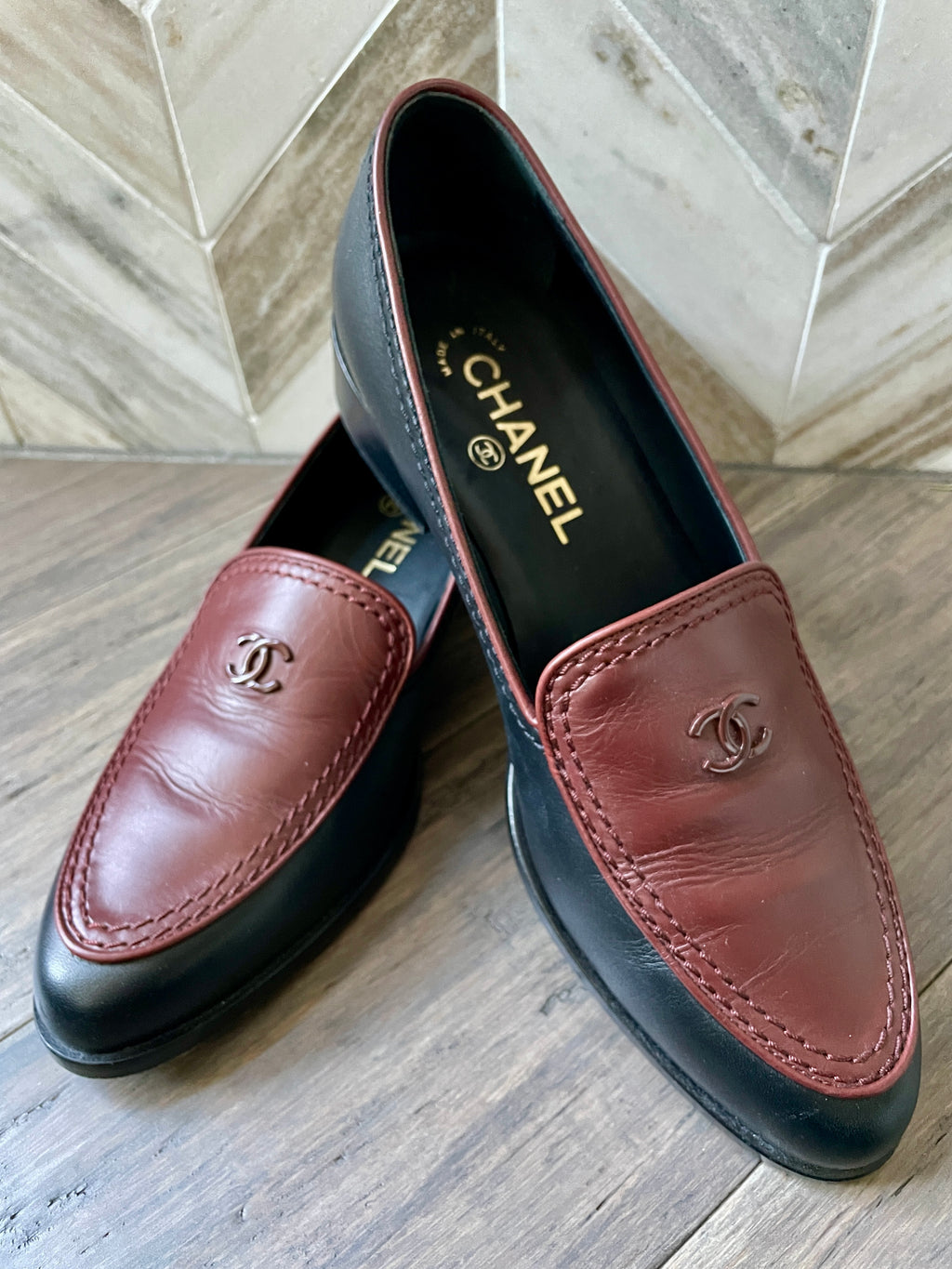 CHANEL Black & Burgundy CC Leather Two Tone Penny Loafers