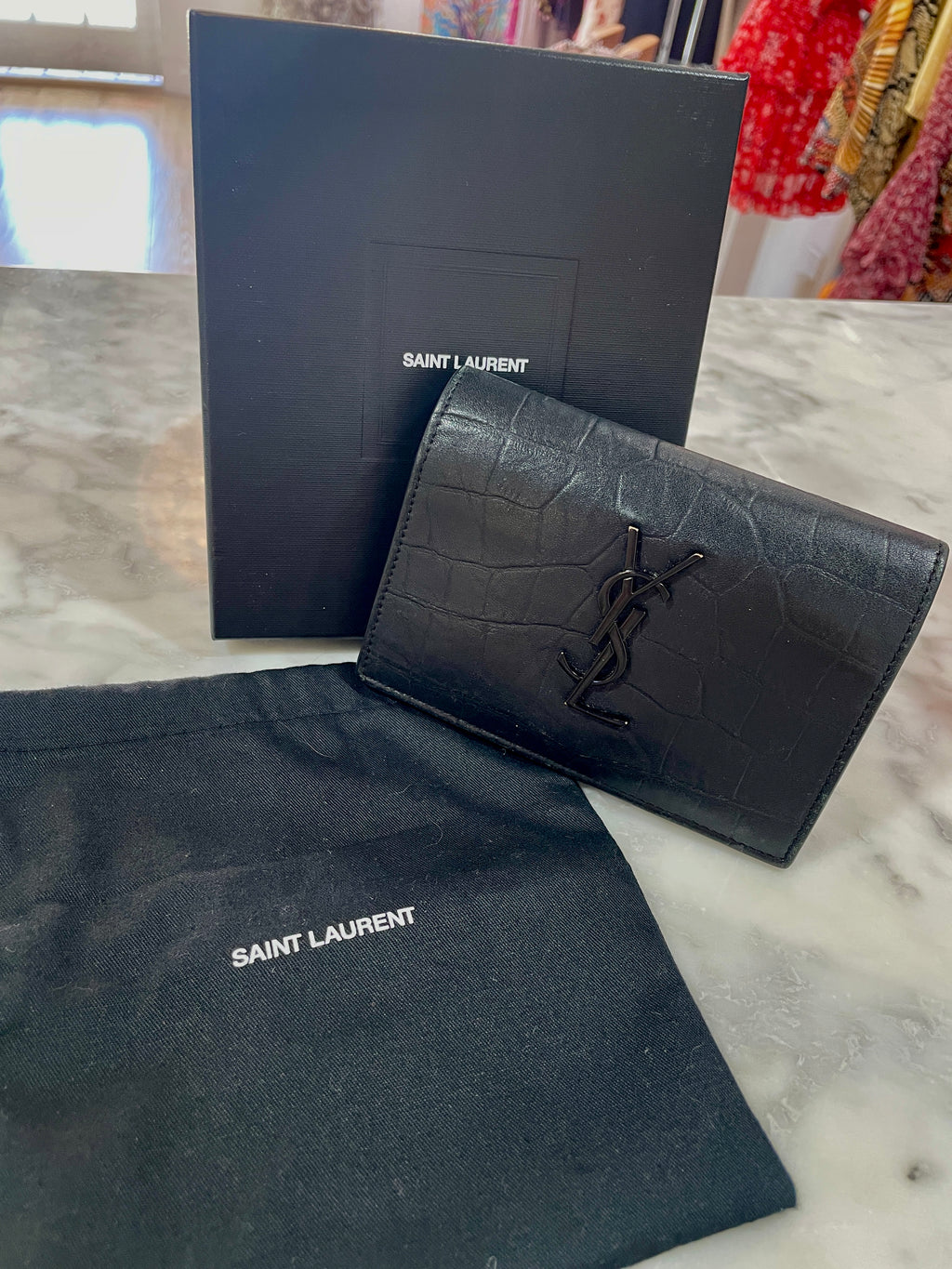 Saint Laurent Croc Embossed Leather Fold Wallet
