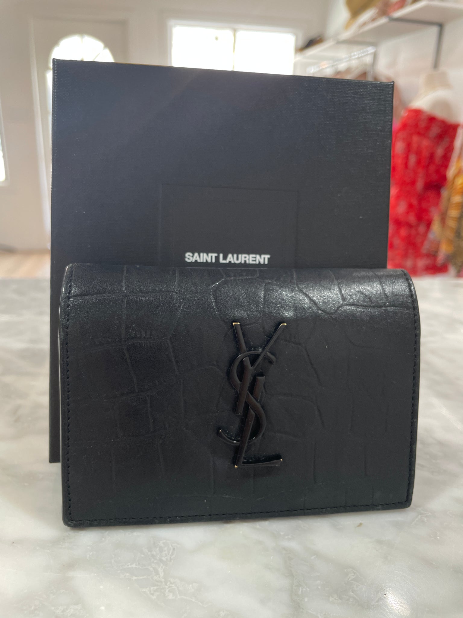 Saint Laurent Croc Embossed Leather Fold Wallet