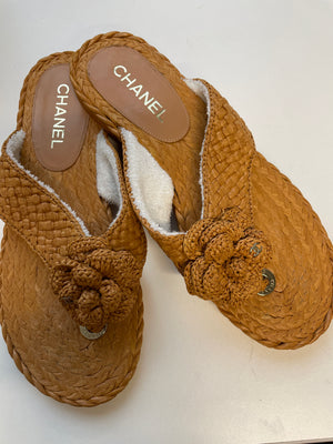 CHANEL Camellia Raffia Thong Sandals