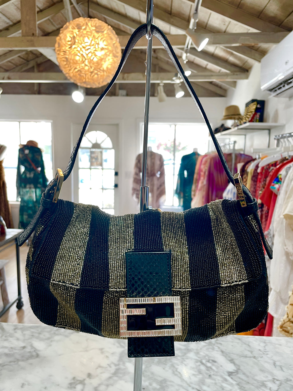 Fendi Striped Beaded Baguette Handbag