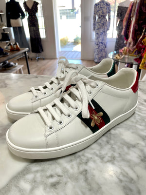 Gucci Ace Watersnake-Trimmed Embroidered Leather Sneakers