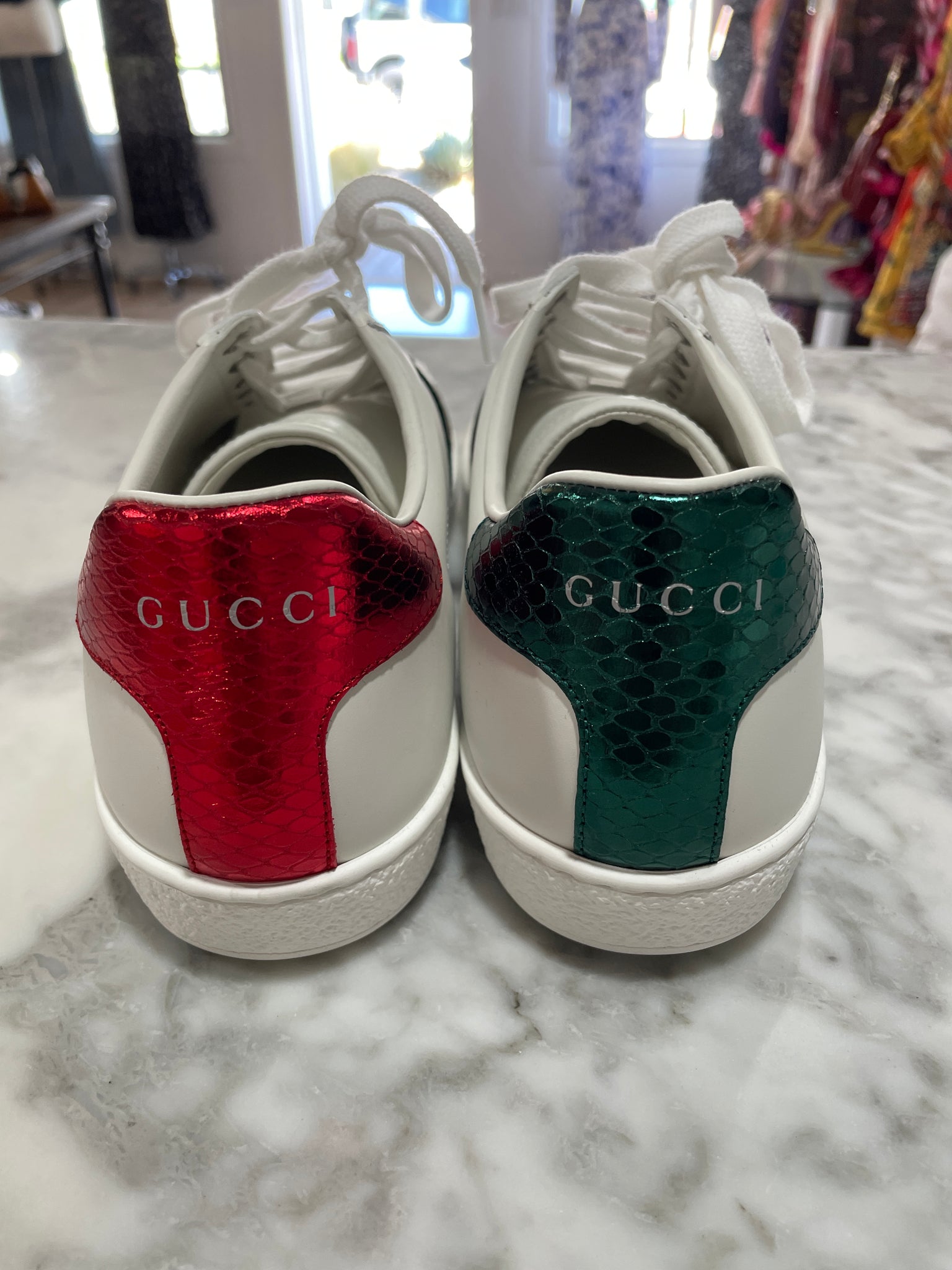 Gucci Ace Watersnake-Trimmed Embroidered Leather Sneakers