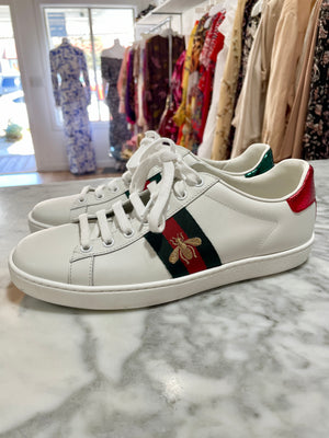 Gucci Ace Watersnake-Trimmed Embroidered Leather Sneakers